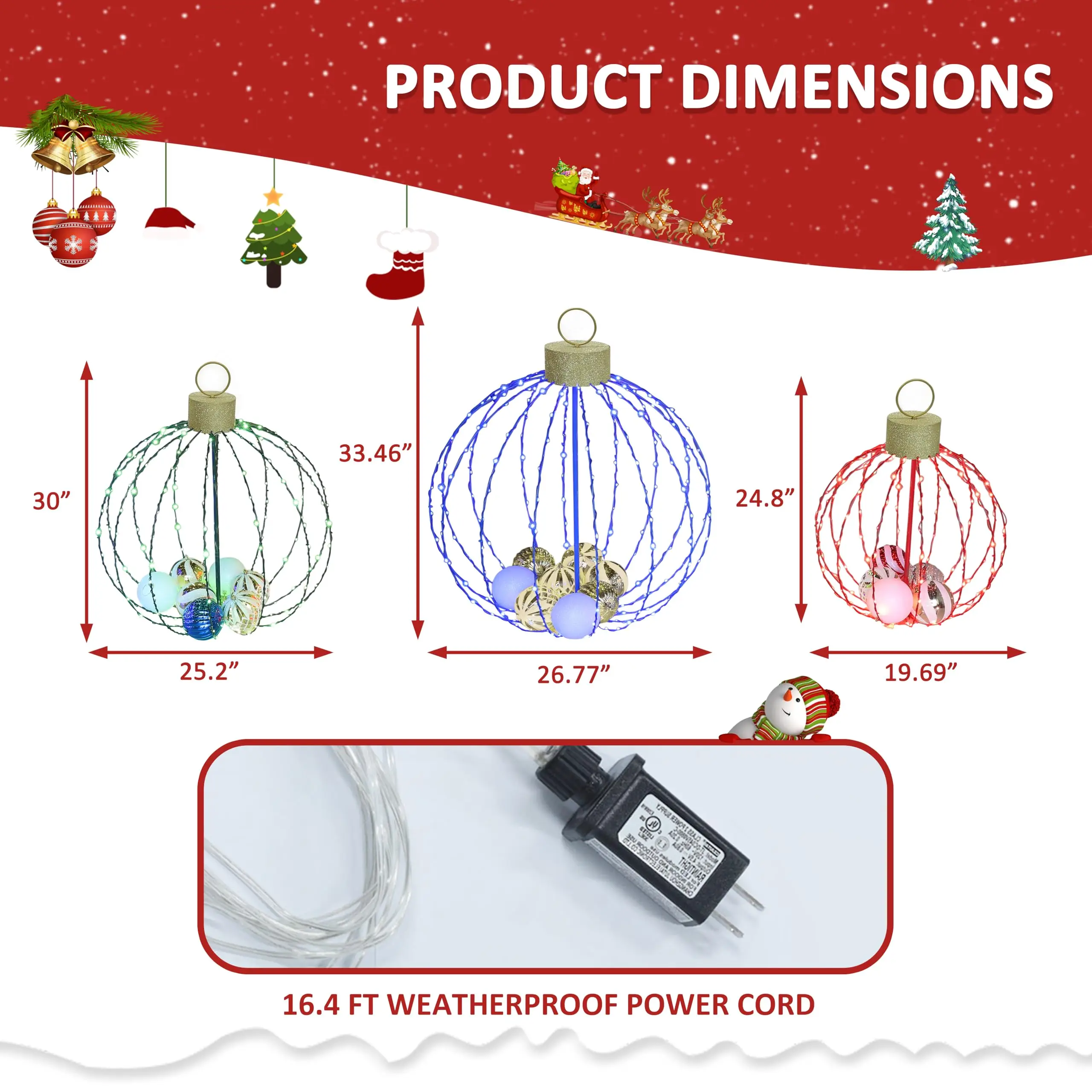 Set of 3 Lighted Christmas Ornaments, 3 Colors Outdoor Holiday Ball Decoration with 570 LED Lights, Christmas Decor