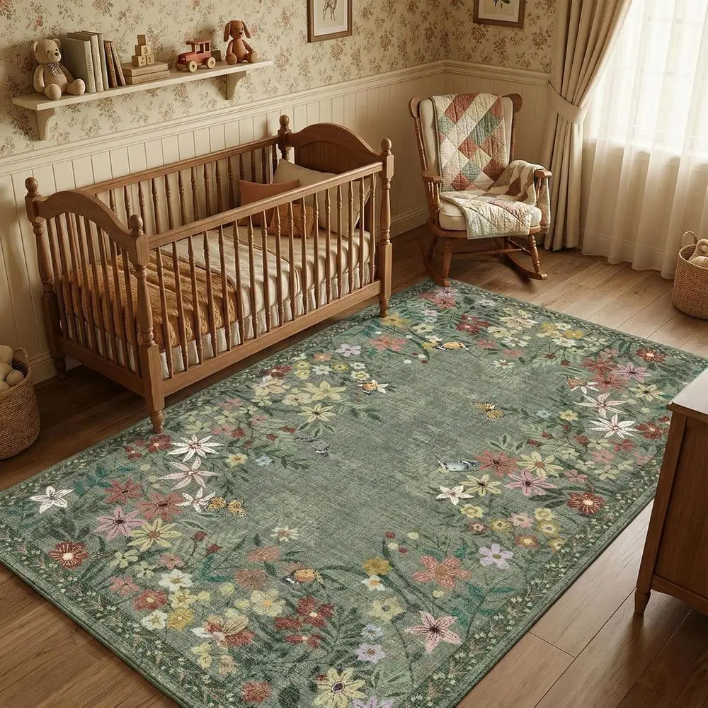 Green Floral Area Rug 4x6, Lightweight Non-Slip, Washable Boho Design for Living and Dining Rooms