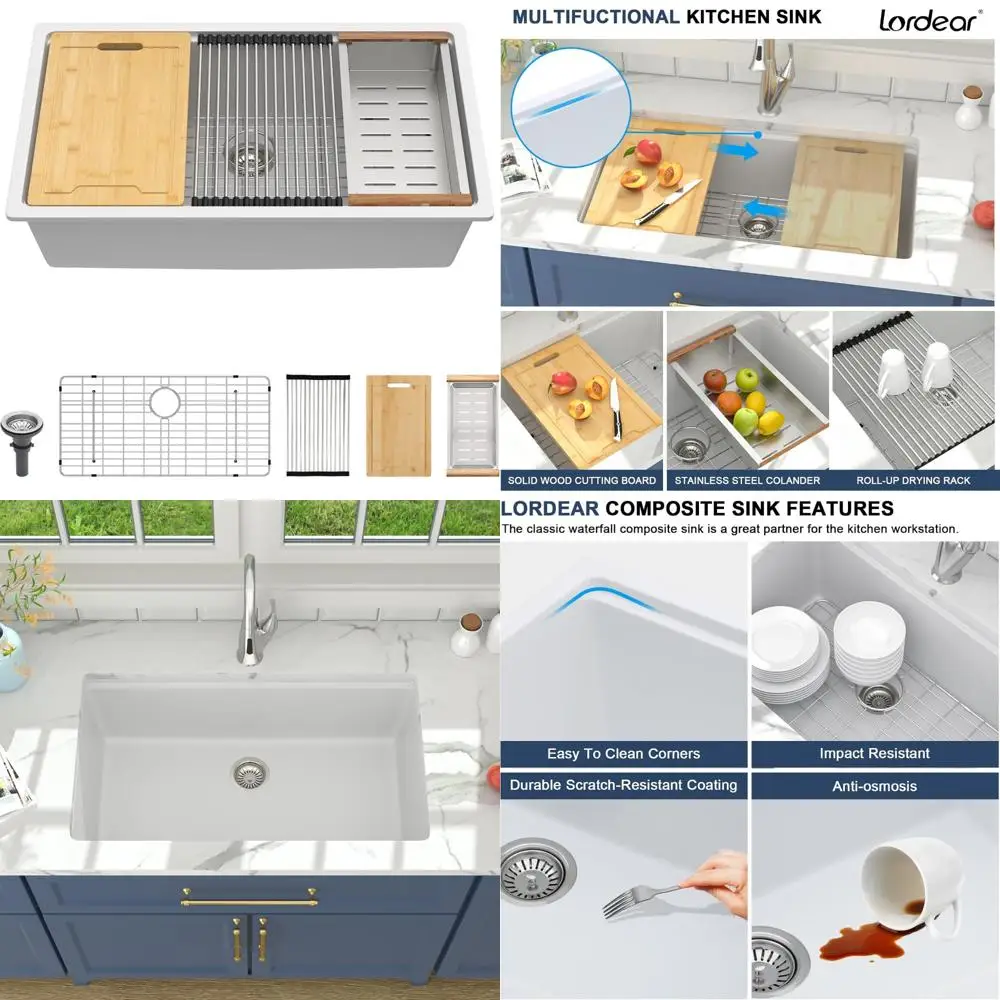

33-дюймовая белая гранитная кварцевая рабочая станция для кухонной мойки с одной чашей, 33x19x10 дюймов для установки на стойке