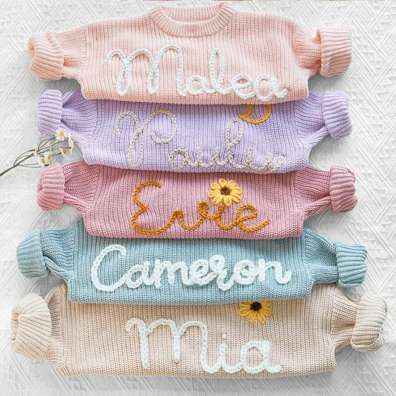New Custom Name Kids Clothes Girls Boys Personalized Baby Sweaters Handmade Thick Line Embroidery Children's Knitted Sweater