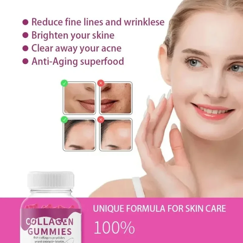 

Collagen gummies maintain skin elasticity, repair tissues, reduce wrinkles, evenly brighten skin tone