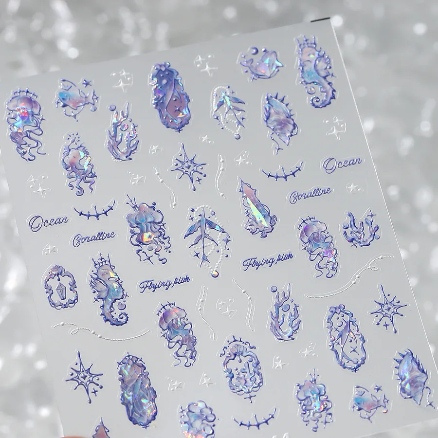 5D Lucido Medusa Bolla Nail Art Sticker Creatura marina Shimmery Blu Meduse Bolle Fantasia subacquea Adesivo Manicure Dec