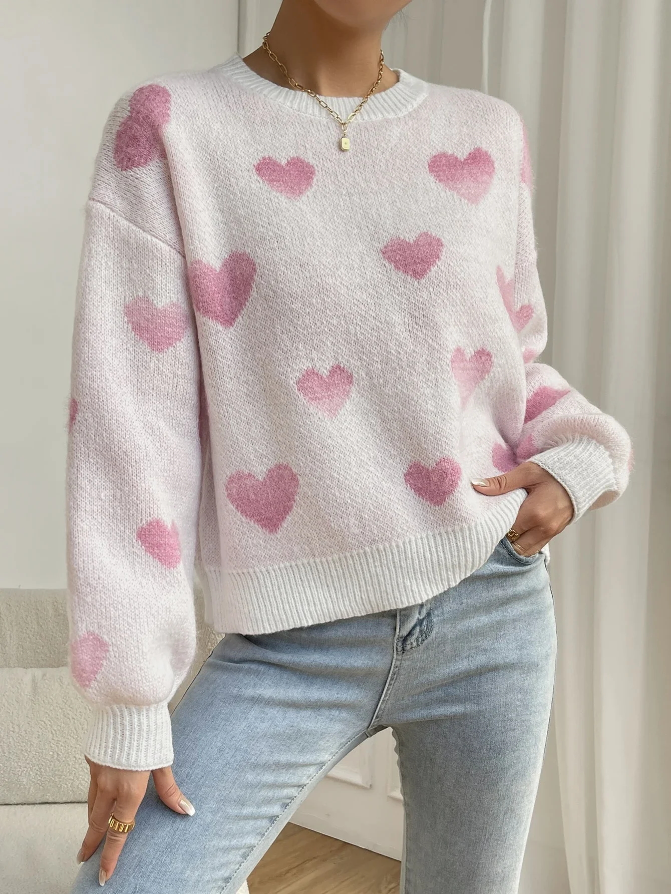 

Heart Pattern Drop Shoulder Knit Sweater Long Sleeve Pullover Fall Winter