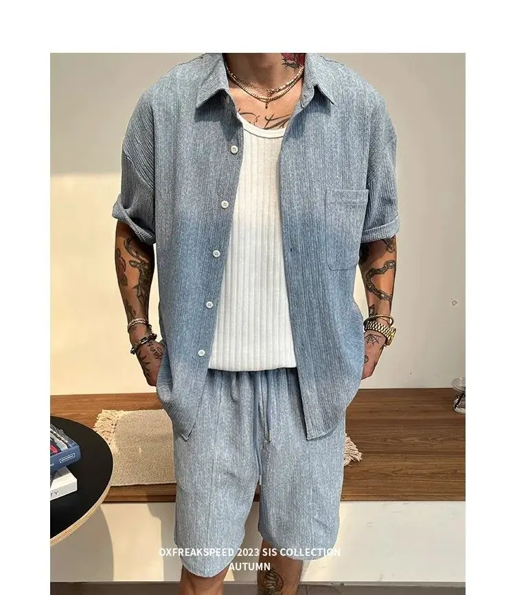 Chemise d'été à manches courtes pour hommes, Texture plissée, tendance, coupe ample, Premium