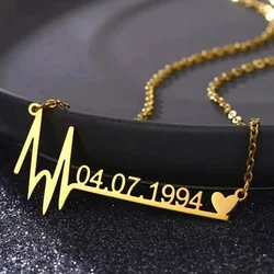 Custom Name Heartbeat Date Necklace Stainless Steel Jewelry Birthday Gift for Wife Lucky Numbers Pendant Necklace Women Chokers