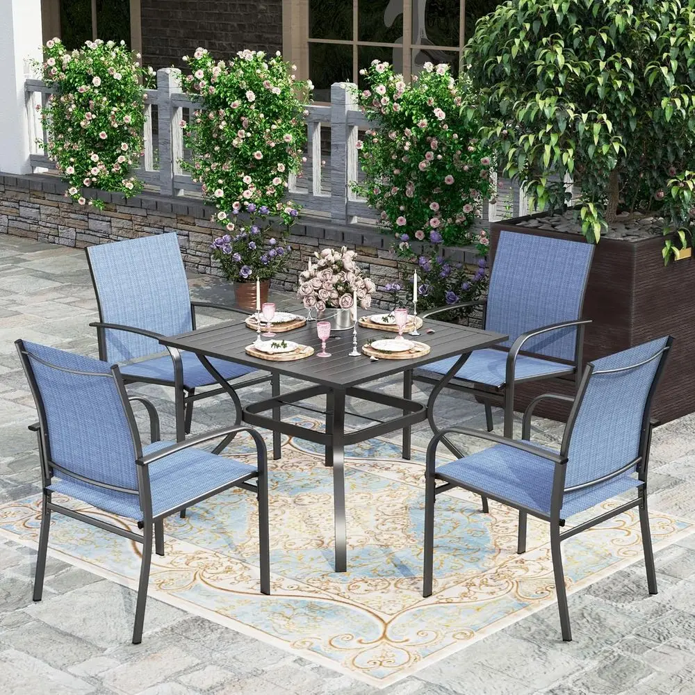 

5-Piece Outdoor Dining Set with Blue Textilene Chairs and 37 Square Metal Table for Patio, Lawn, and Garden