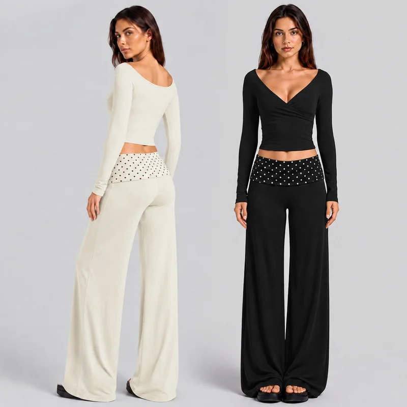 Women Fitness 2Pcs Suit V Neck Surplice Long Sleeve Slim Crop Top Color Block Polka Dot Printed Waist Loose Straight Leg Pants