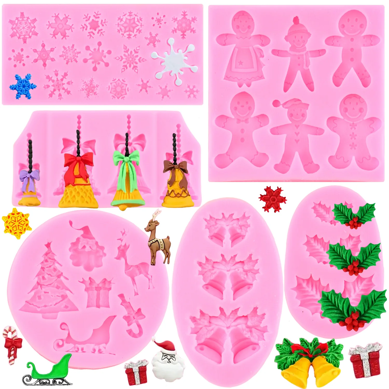 Christmas Holly Leaf Silicone Mold Christmas Tree Gingerbread Man Snowflake Bells Fondant Mold Chocolate Cake Decorating Tools