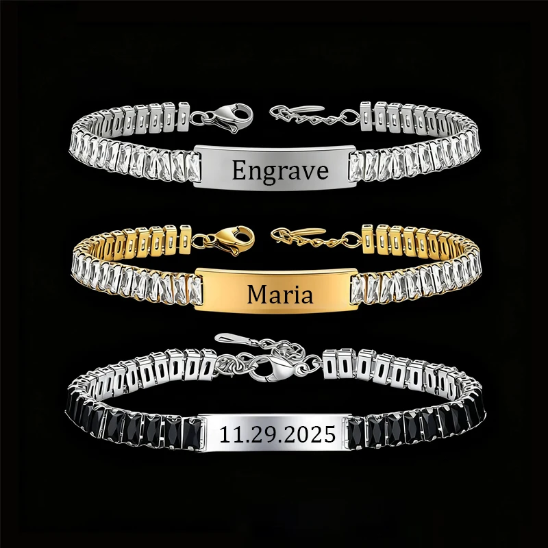 

Personalized Bling Zircon Bracelet Custom Engraved Name Date Shiny CZ Stone Wrist Chain For Women Stainless Steel Jewelry Gifts