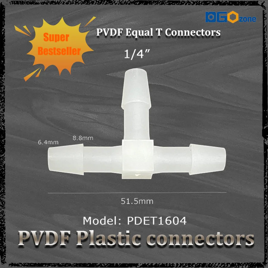 Acoplamento de junta de conector de plástico T 1/8" 3/16" 1/4" 3/8" 5/32" materiais PVDF DGOzone