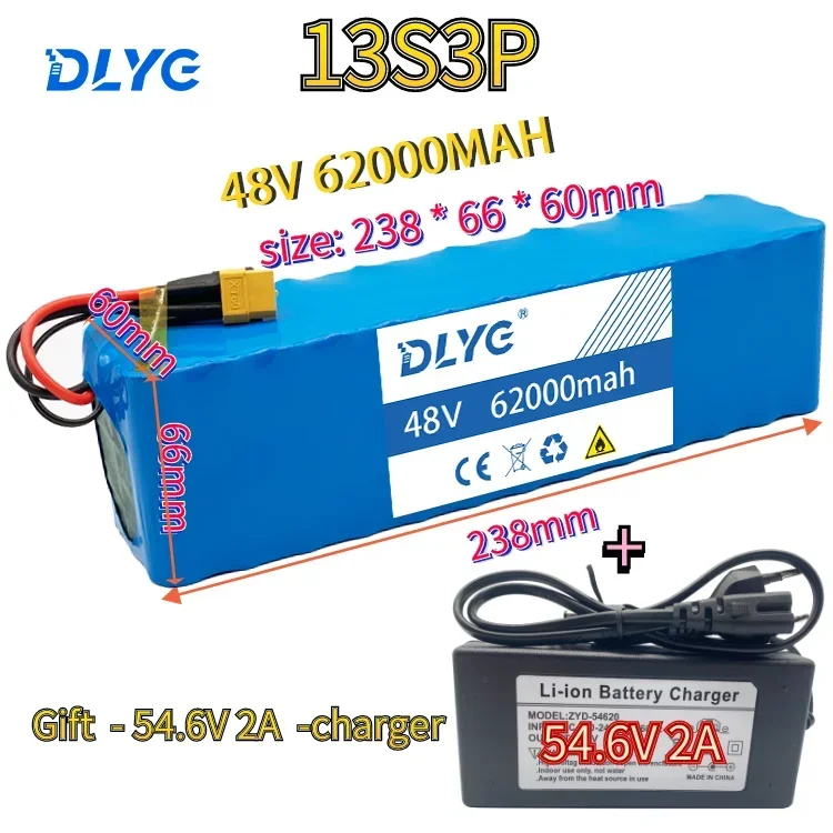 48V Rechargeable Lithium Battery,13S3P 62ah 1000w for Electric Bicycle Scooter, Built-in BMS and 54.6V Charger XT60 T Plug