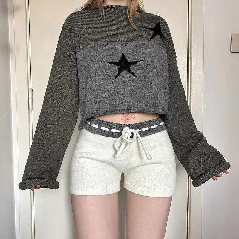 

Deeptown Gray Star Print Women Cropped Sweaters Long Sleeve American Vintage Knit Pullovers Contrast Color Loose Casual Winter