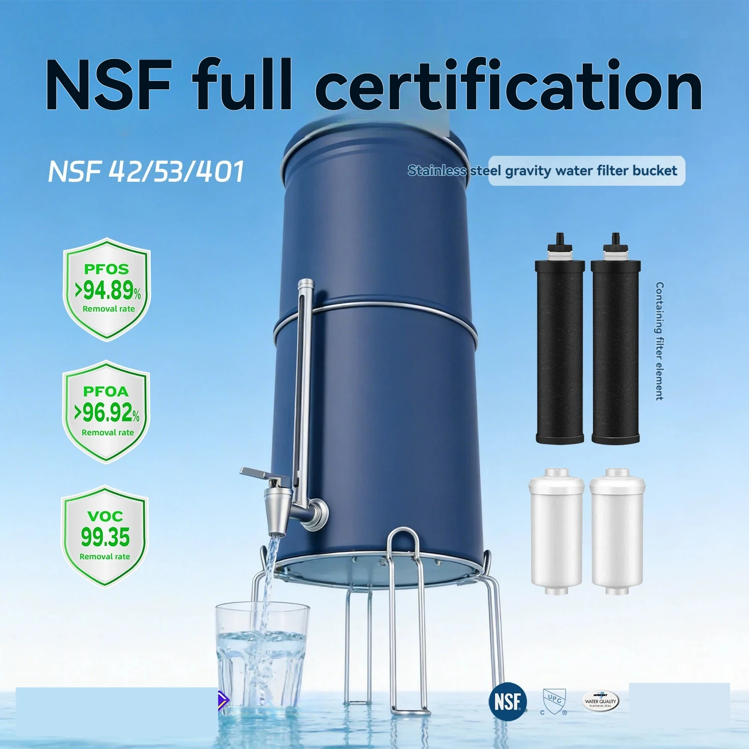 Large Capacity Stainless Steel Countertop Water Filter Bucket Outdoor Water Storage Gravity Purification System