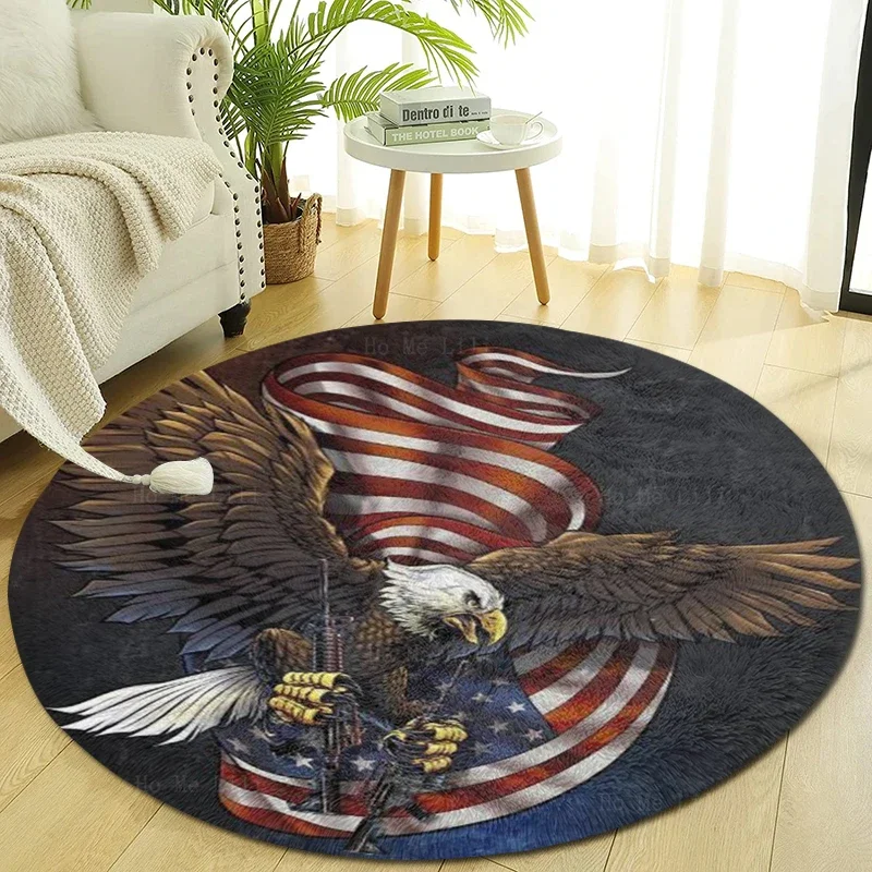 American Flag Eagle With Two Guns Soar In The Sky Round Mat Non Slip Flannel Floor Rugs By Ho Me Lili