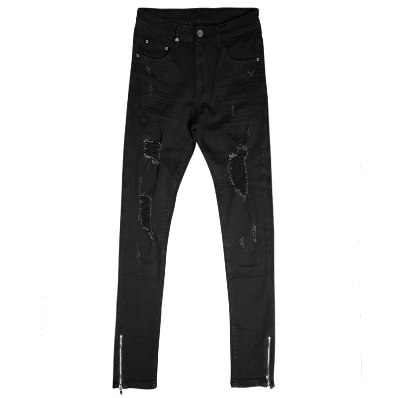 Fashion Streetwear Men Jeans Black Elastic Slim Fit Destroyed Hole Ripped Jeans Men Stretch Trousers Hip Hop Denim Pants Hombre