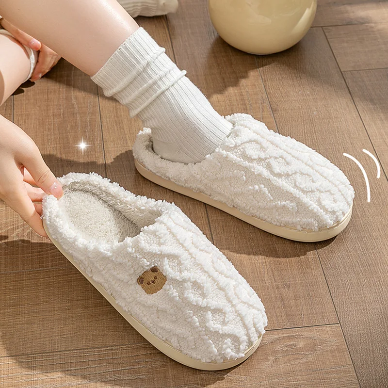 Plain Striped Design Home Slippers Women Winter 2024 New Soft Sole Anti Slip Cotton Shoes Woman Indoor Warm Soft Plush Slippers