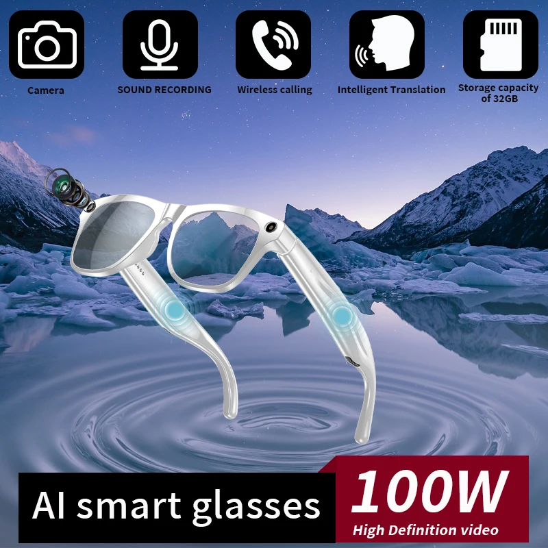 

LIGE Smart Glasses 100W Camera Video Recording HD AI Glasses Voice Assistant Music Playback AI Translation Smart Sunglasses LED