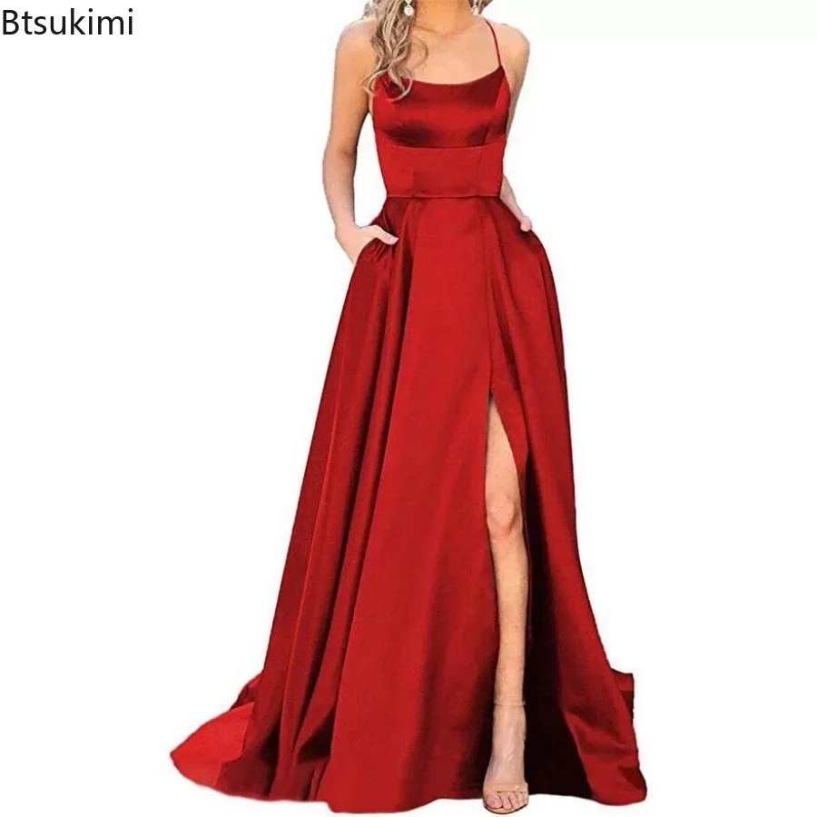 

2024 Women's Elegant Prom Dress Sexy Backless Long Dress Satin Italian Noodle Party Prom Dress Slim Bridesmaid Evening Vestido