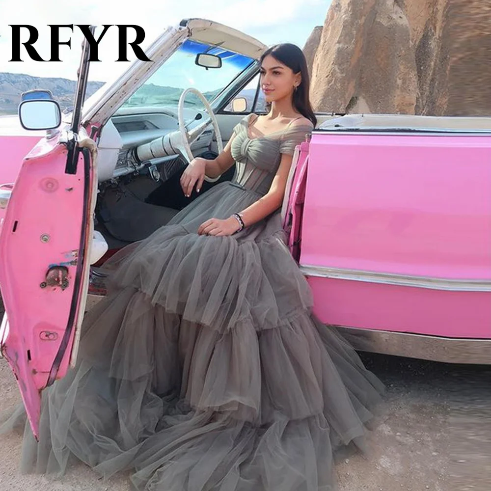 

RFYR Gray A Line Prom Dresses Off the Shoulder Tulle V-Neck Prom Gown Long Net Long Evening Dresses Formal Dresses Customized