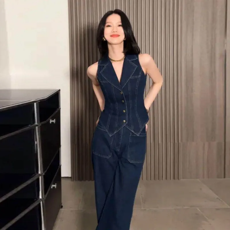 

2026 New Vintage Elegant Luxury Lapel Sleeveless Top Unique Design Loose Slim Denim Straight Leg Pants Fashion Two Piece Outfit