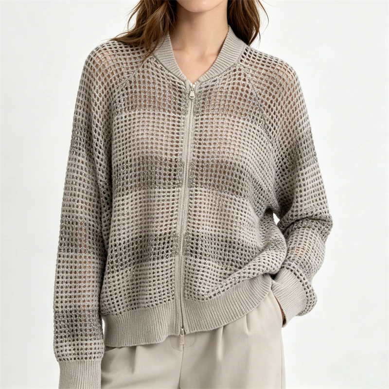 

High-Quality Spring Summer New Stand Collar Hollow out Sequin Striped Knitted Cardigan Y2K Fashion Casual Loose Baseball Jacket