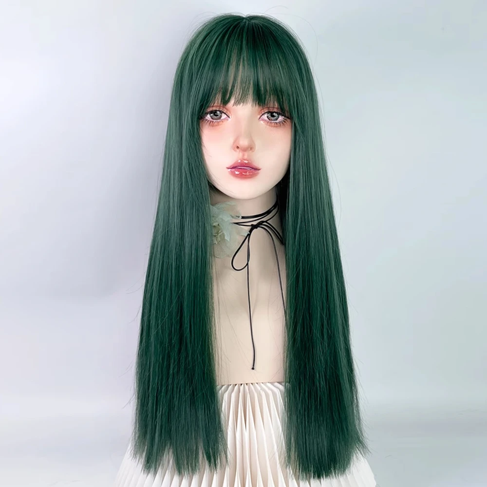 Perruque Synthétique Longue Droite Vert Foncé avec Frange pour Femme, Cheveux Naturels, Lolita, Cosplay, 03/Party