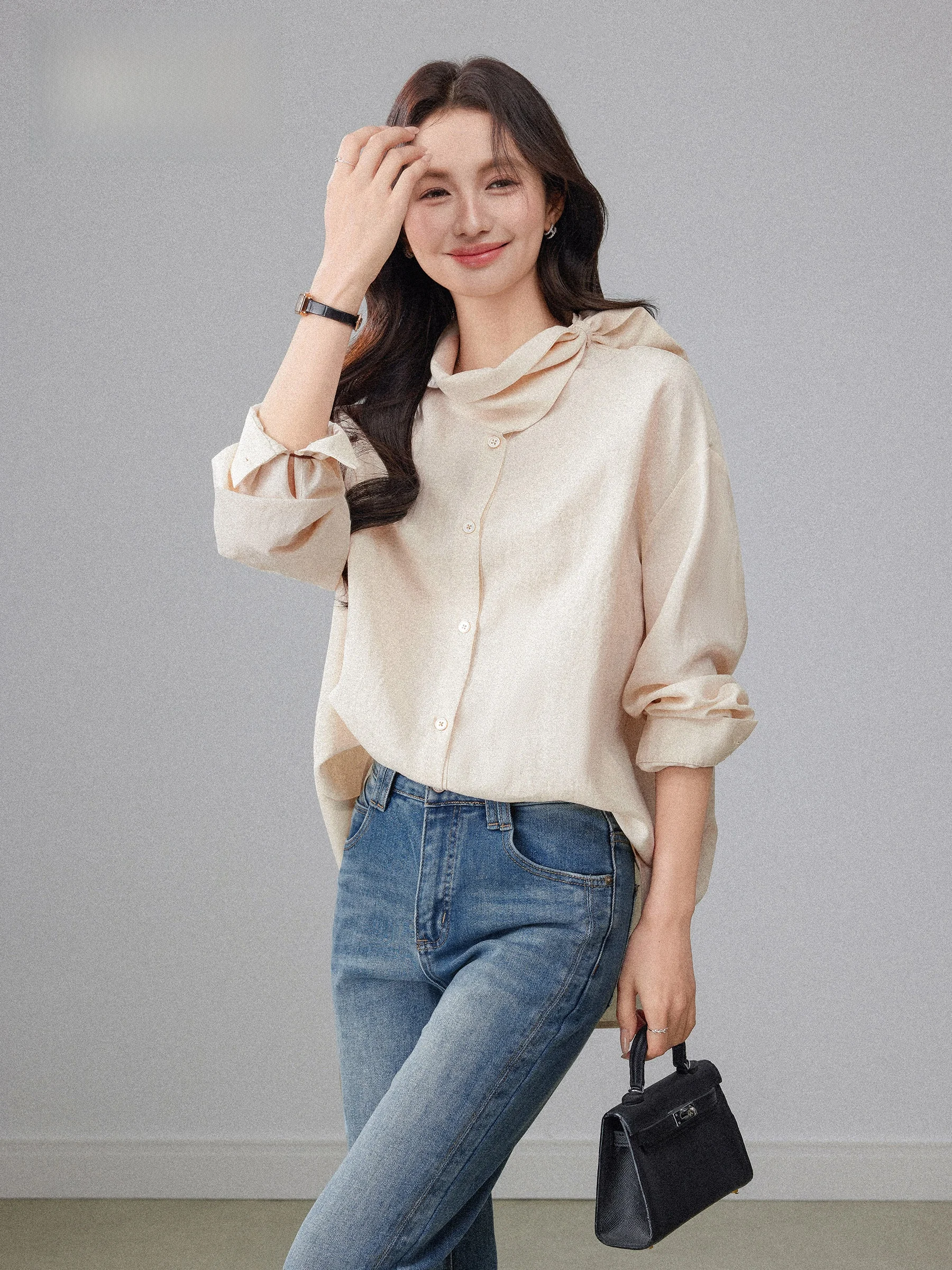 

Loose Long Sve irt Women's Korean Sle Casual Chic Collar Spring Design Lazy Sa Fem Faion Comfortable Top