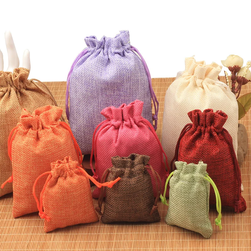 50/100pcs Handmade Natural Burlap Cotton Linen Drawstring Bags Favor Wedding Christmas Gift Bag Jewelry Packaging Bags&Pouches