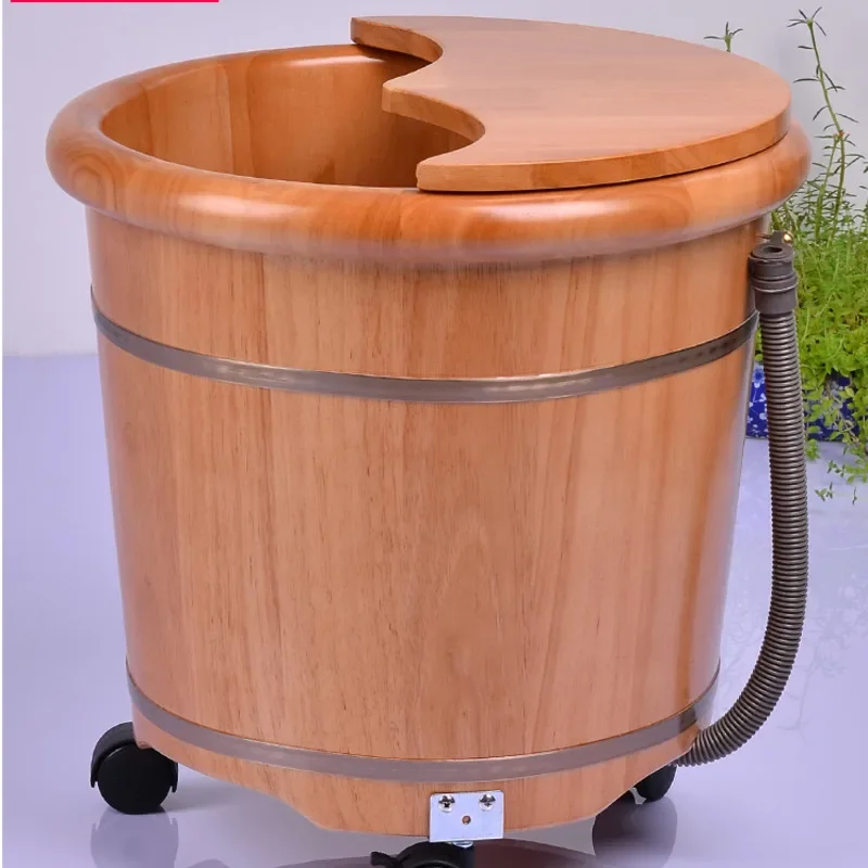 Home Foot Bath Wooden Barrel With Drainage Pedicure Tub on Wheels Massage Feature Over-Calf Wash Oak Container