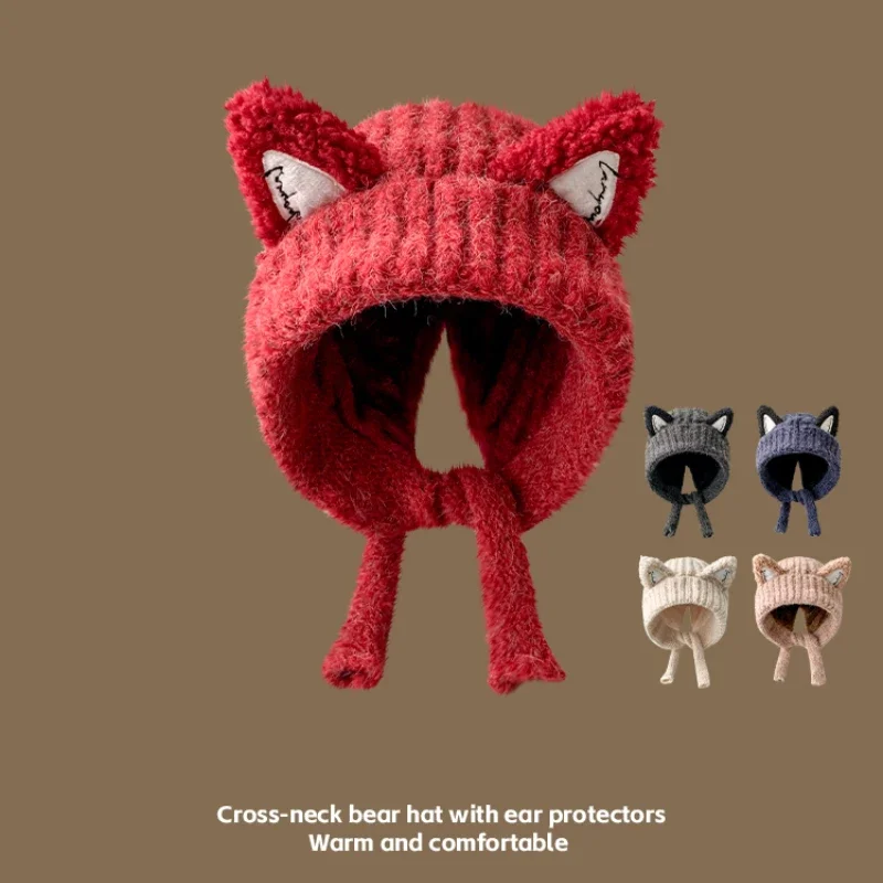 Japanese Cute Fox Ears Pullover Y2K Hats for Women and Men Winter Outdoor Leisure Warm Versatile Ear Protection Beanies Cap