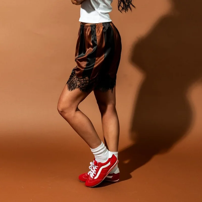 Women Stripe Satin Silk Boxers Shorts Lace Trim Patchwork Boy Shorts Silky Low Rise Coquette Lounge Slip Bottoms