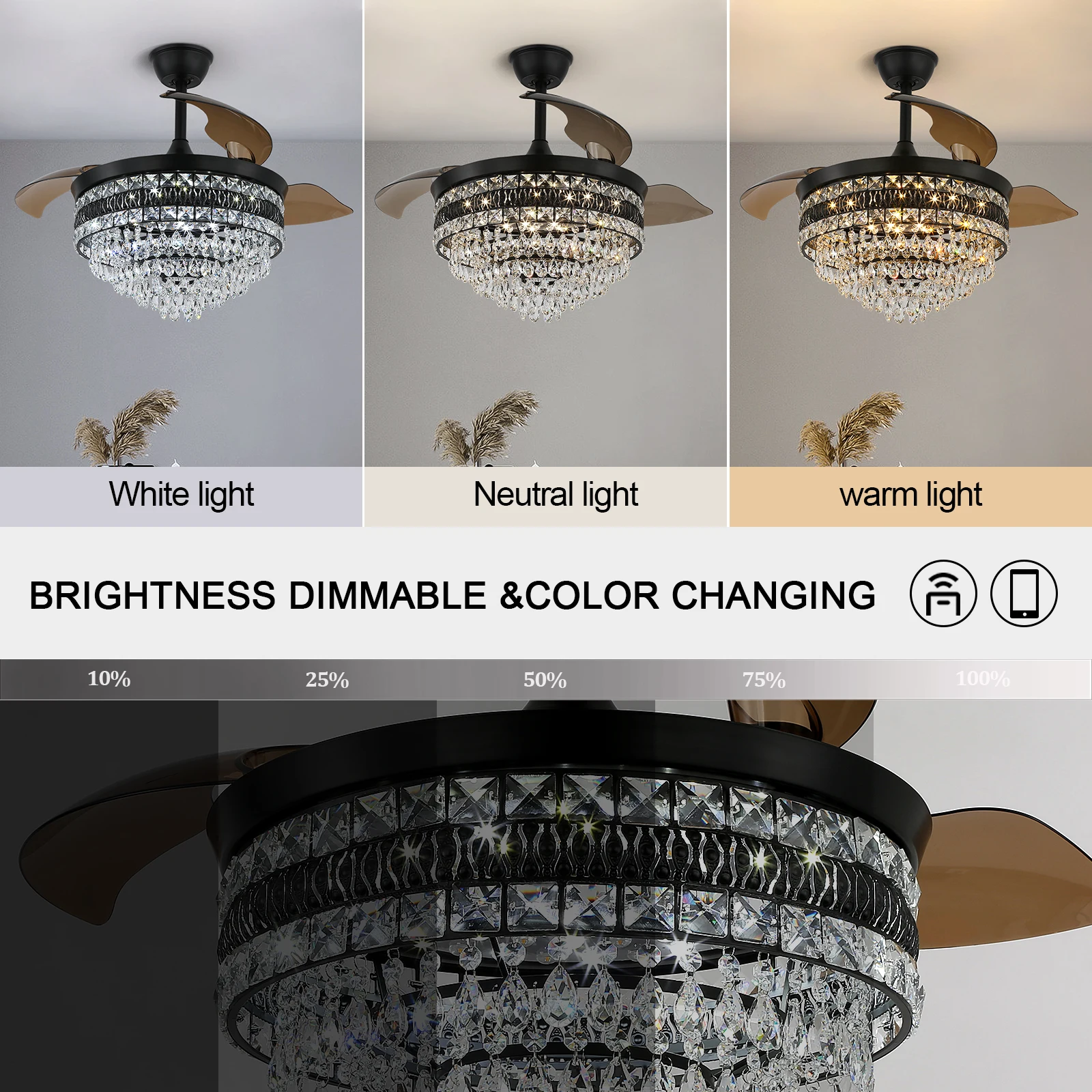 Modern Smart Ceiling Fan Chandelier Gold RC Adjustable 6 Speed Pendant Light Luminaire Bedroom 3 Heads Led Fandelier Lamp Indoor