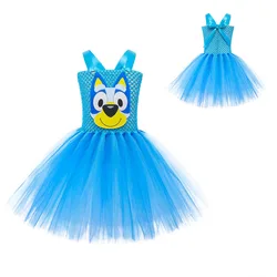 Cartoon Bluey Mesh Dress Bingo Blue Orange Splicing Mesh Tutu gonna Halloween Party Stage Cos Costume bambini ragazze regali