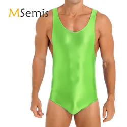 Mens Leotard Skinny Jumpsuit Swimwear Glossy Stretchy Bodysuit Sleeveless Bodybuilding Fitness Lingerie Wrestling Singlet