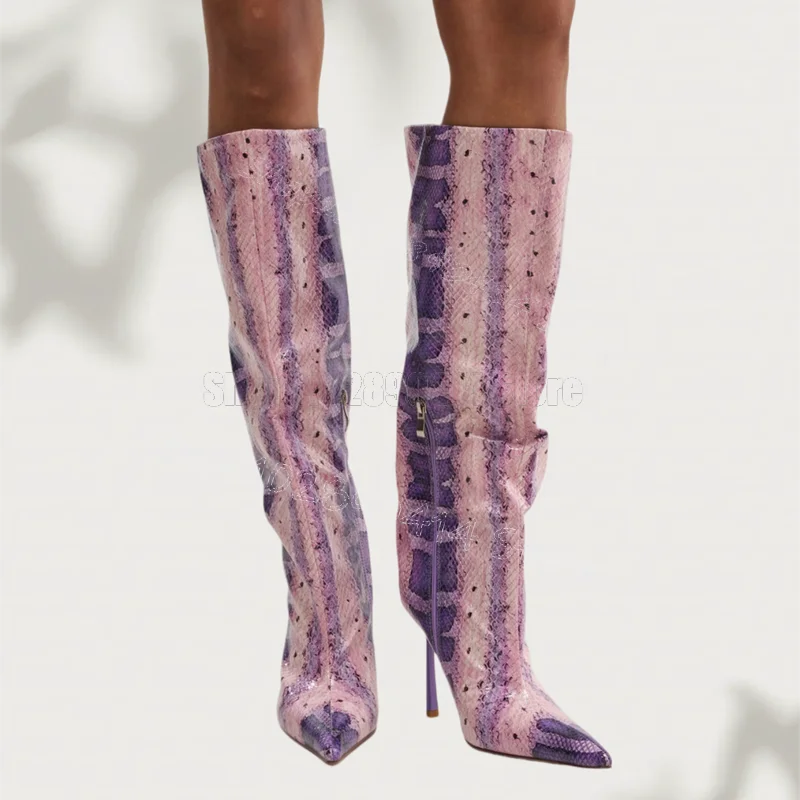 Purple Snakeskin Print Pointed Toe Knee High Boots Side Zipper Women Shoes Thin High Heels Party Feast 2026 Zapatos Para Mujere