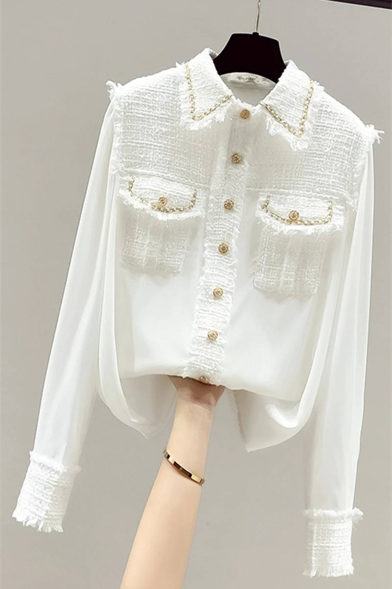 2023 Spring Autumn White Shirt Bottoming Shirt Women Trendy Polo Collar Long Sleeve Button Blouse Temperament Office Blusas Top