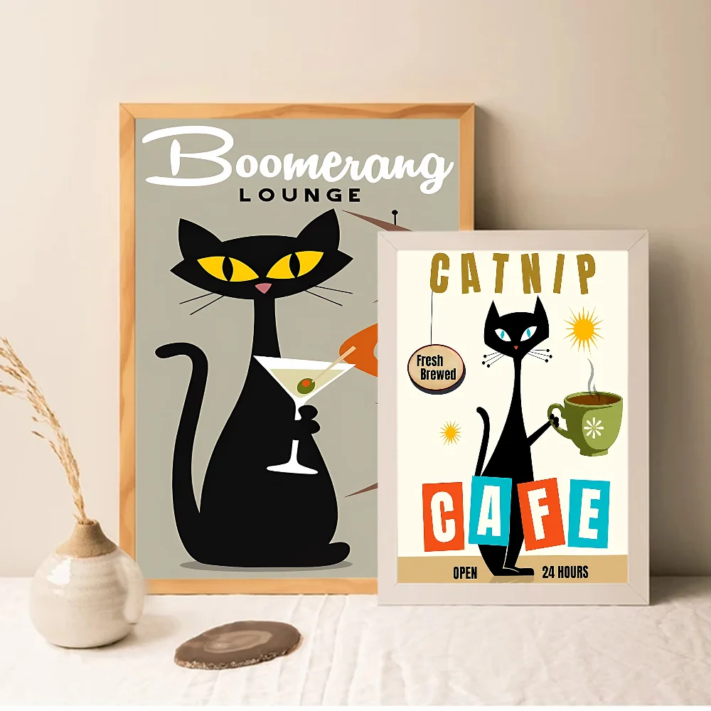 Mid Century Black Cat Classic Vintage Posters Decoracion Painting Wall Art White Kraft Paper Kawaii Room Decor