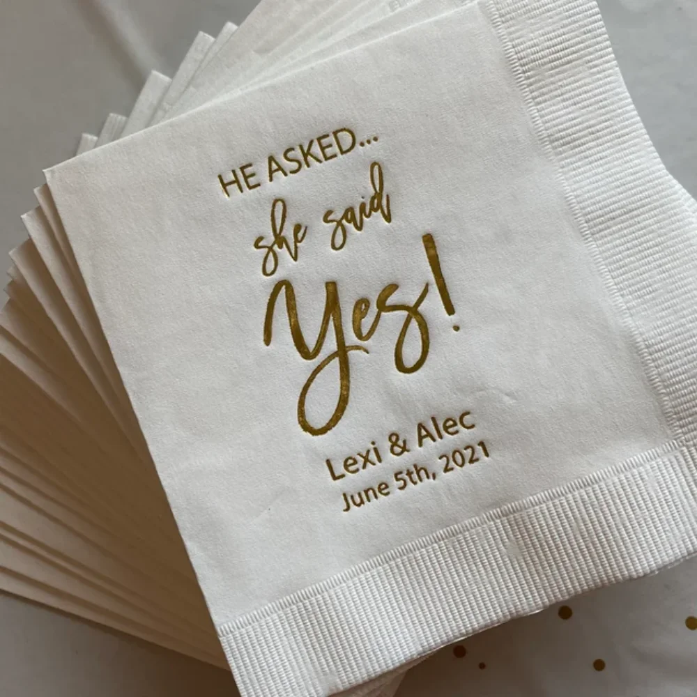 50Pcs Personalized Wedding Cocktail Napkins -Shower Custom Monogram Engagement He Asked She Said Yes, Printed Beverage Anniversa