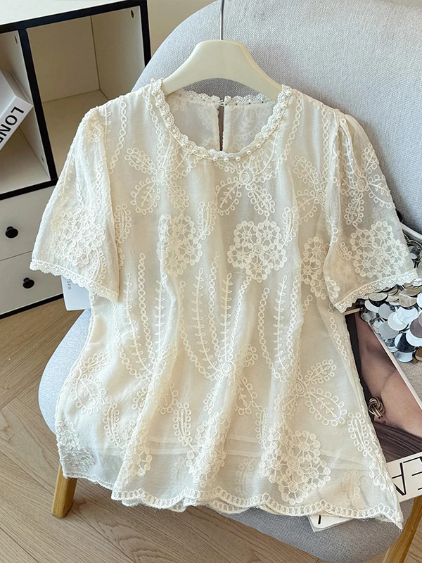

Elegant Lace Embroidery Short Sleeve Shirt Women's Summer High-End Beaded Overhead Fashion Age-Defying Versatile Trendy Top
