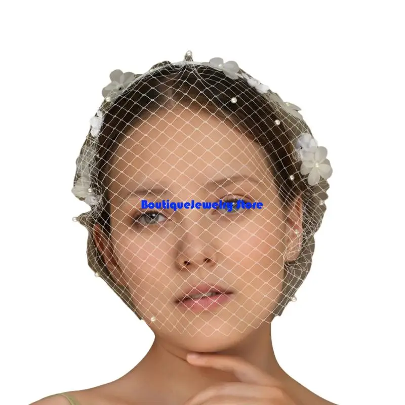 E1PE Delicate Faux Pearls Flower Bridal Veil Headpiece with Mesh Design for Wedding Church Chapel Veil Photography Accessories