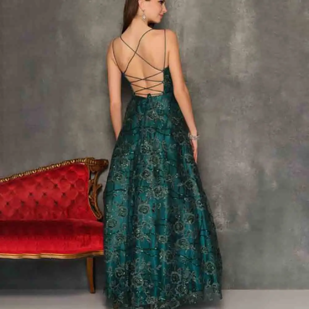 A-Line Boat Neck Tulle Floor Length Spaghetti Strap Sleeveless Sequins Lace Up Party Evening Dresses à la Mode