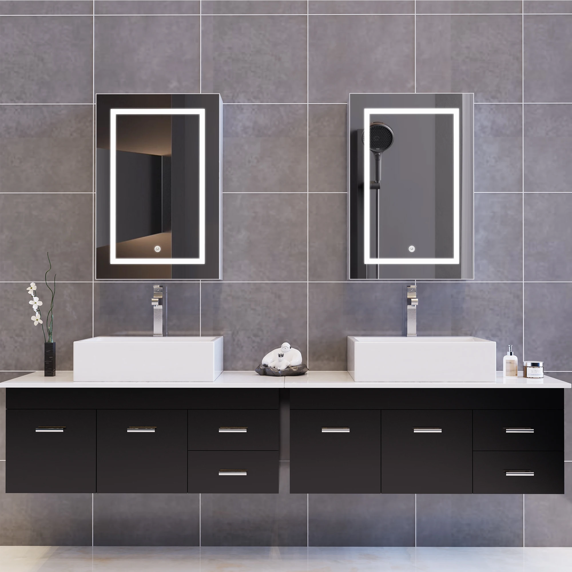 Badezimmer-Wandspiegel mit LED-Beleuchtung, 50x70cm, 80x60cm, Touch-Schalter, Badezimmerspiegel mit 3 Lichtfarben, 3000K-4500K-6000K, Weiß