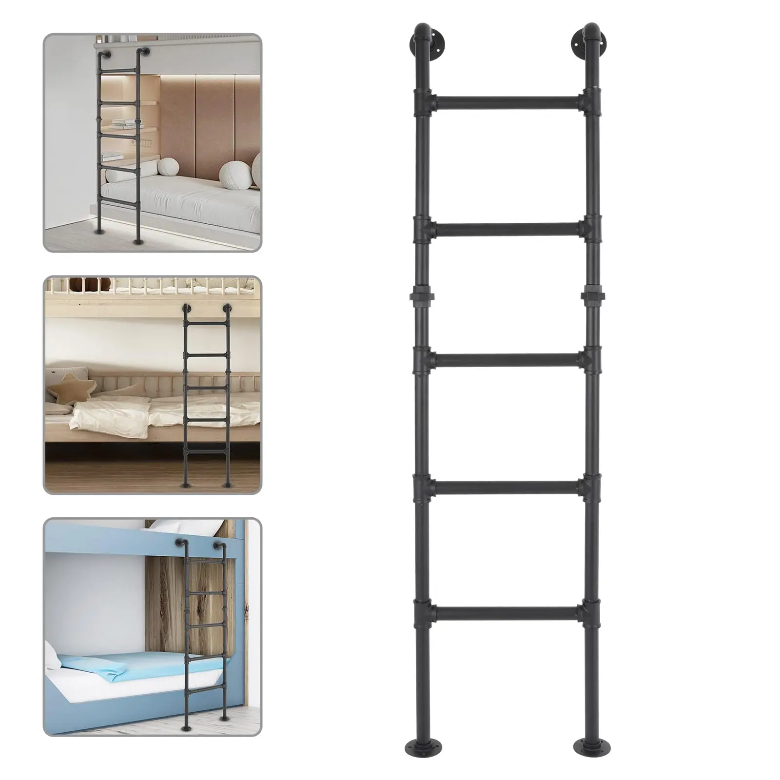 170Cm/70In Basement Window Well Egress Ladder, Easy Install, Durable & Safe Black Carbon Steel Attic Bunk Bed Ladder, 5-Step Wall