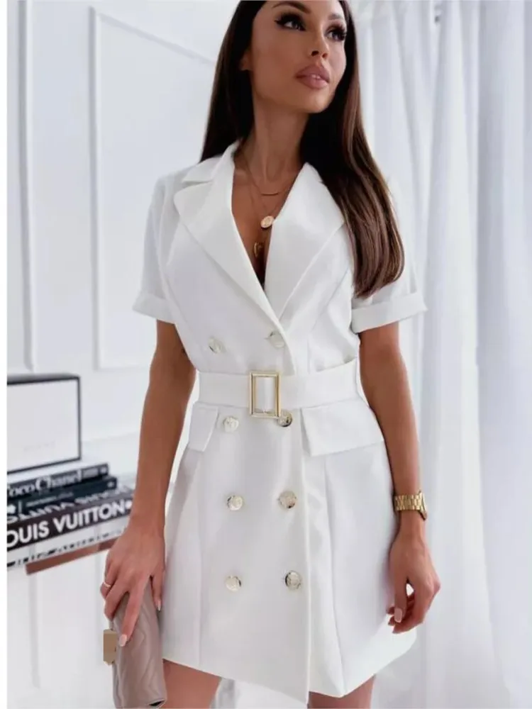 

Elegant Office Lady Solid Color Blazer Dress With Belt 2025 New Summer Fashion Double Breasted Short Sleeved Dresses For Women