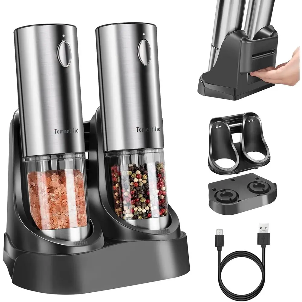 

[Модернизированная большая площадьсть]Набор электрических мельниц для соли и перца, автоматические мельницы для перца с двойной зарядной станцией, удобной в переноске и