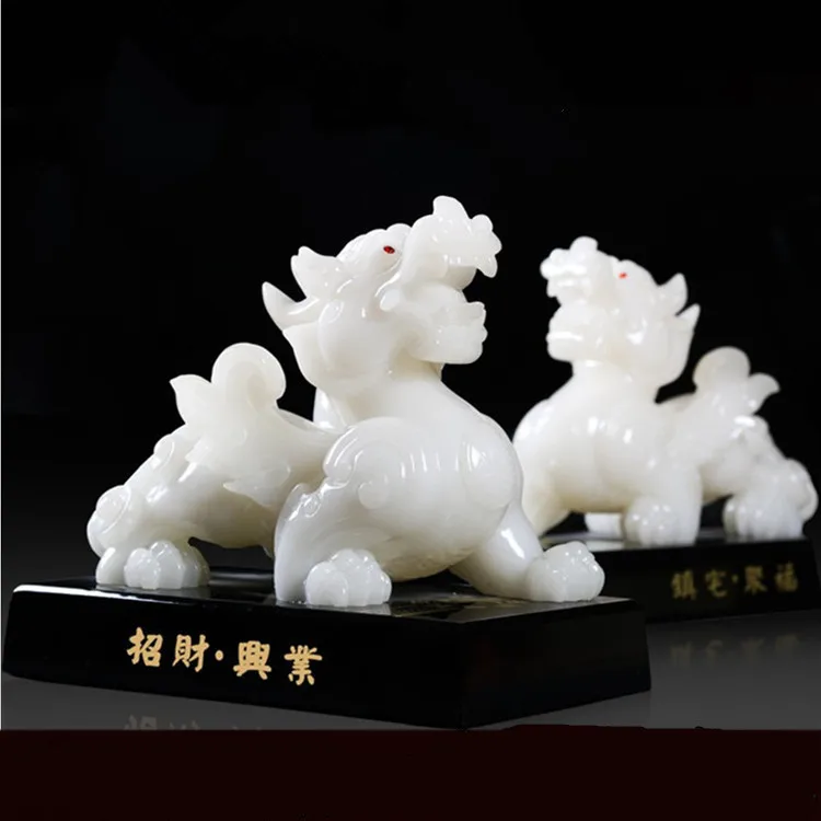 Kirin white jade imitation Pixiu handicrafts display a pair consecrated pots Feng Shui to make fortune home decoration