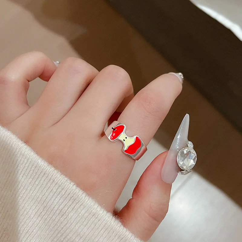 Minar Kawail Multiple Red Enamel CZ Zircon Faux Pearl Apple Fruit Adjustable Open Cocktail Ring for Women 14K Gold Plated Copper