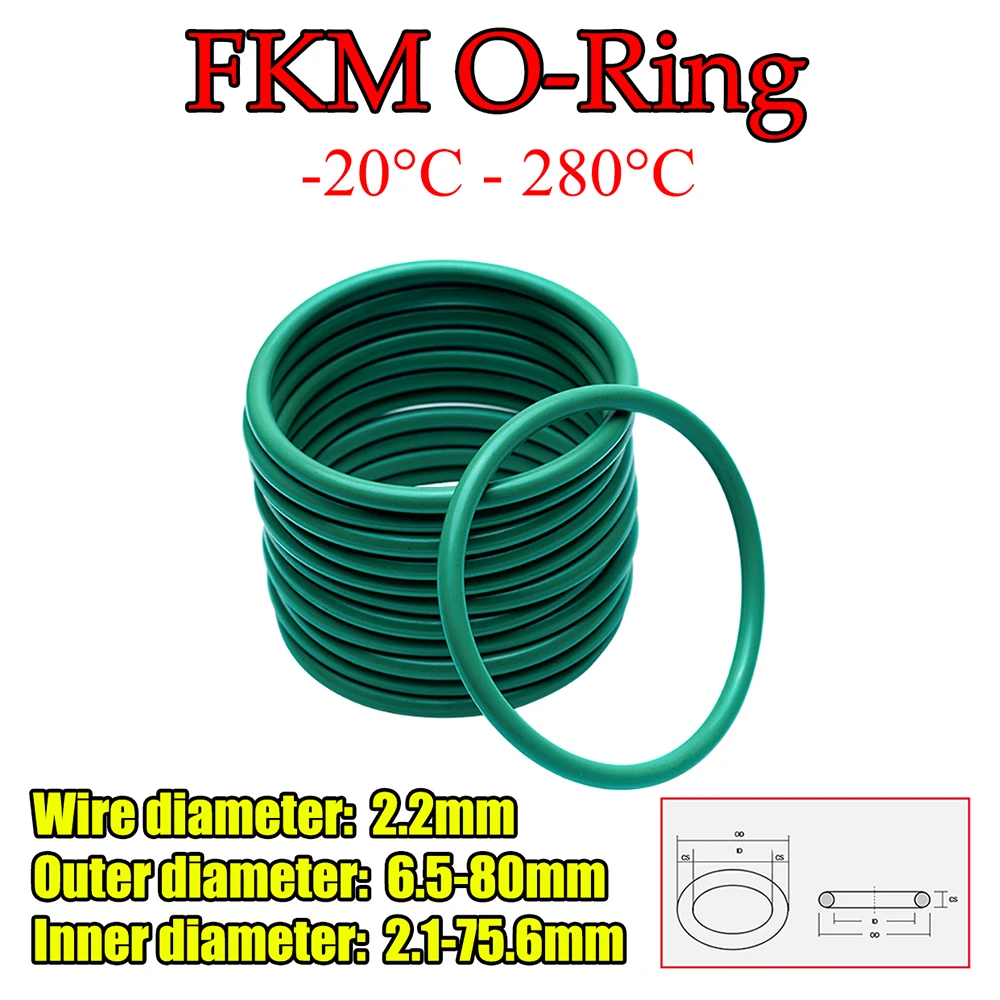 

FKM O-Ring Sealing Gasket CS 2.2mm Green/Brown OD 6.5-80mm Insulation Oil High Temperature Resistance Fluorine Rubber FKM O Ring