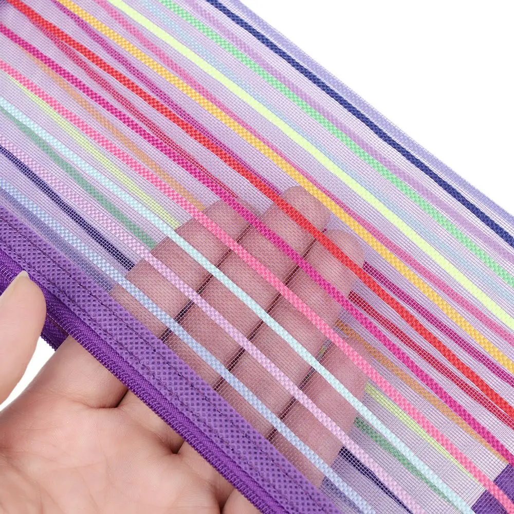 1pc Solid Color Handbags Rainbow Color Stationery Cosmetic Makeup Mesh Pen Bag Cosmetic Storage Zipper Pencil Case Grid