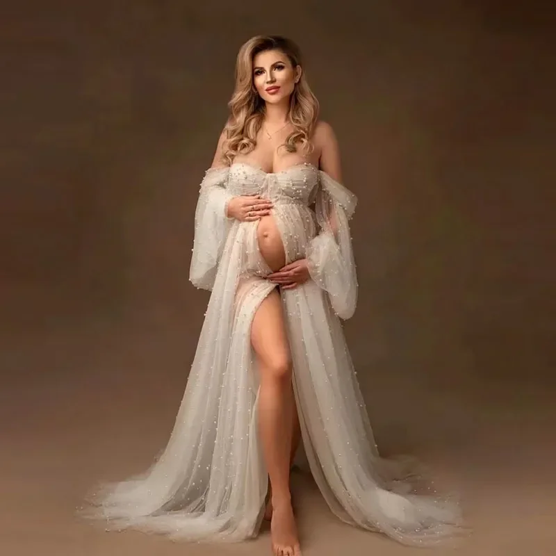 2023 New pearl white Pregnant Photography Dresses Soft Mesh Beaded Elegant Maternity Dress Long Sleeve off shoulder Sexy Dress